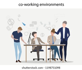 co working environments office center people talking and working business how to make money with investment meeting share ideas developers flat design style vector illustration