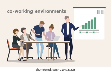 co working environments office center people talking  and working business make money teamwork with investment meeting share ideas how to work successfully flat design style vector illustration