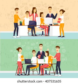 Co working people, business meeting, teamwork, collaboration and discussion, conference table, brainstorm. Flat design vector illustration.