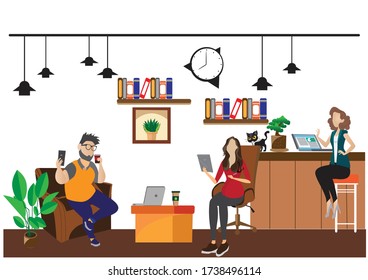 co working space combines pure white walls minimal style Separated into zones or private meeting and conference rooms for groups new normal lifestyle concept Business vector illustration 