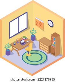 Co working Space Concept, Freelancer Desk vector color isometric icon design, compact living space symbol, Interior Decoration Sign, low poly home office rooms stock illustration 