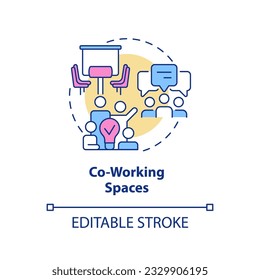 Co working space concept icon. Startup culture. Professional community. Meeting people. Flexible work. Shared office abstract idea thin line illustration. Isolated outline drawing. Editable stroke