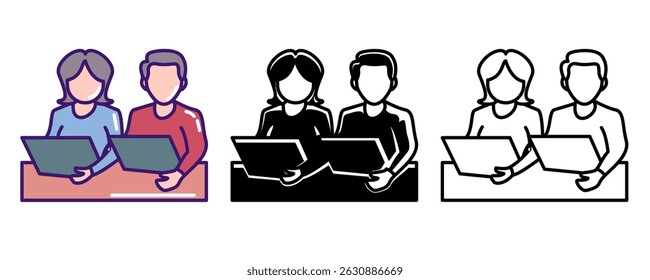 Co Working Space icon represented by employees, tble Line, Filled, Color style.