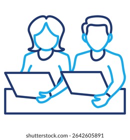 Icono de espacio de trabajo compartido representado por empleados, estilo de doble línea de mesa.