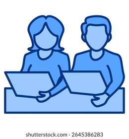 Icono de espacio de trabajo compartido representado por empleados, mesa estilo azul.