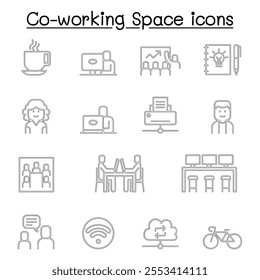 Co working space icon set in thin line style