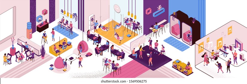 Co working space interior, creative and office people work in open workspace, freelancer with laptop, modern environment, loft style place, painting workshop, musicians, horizontal vector illustration