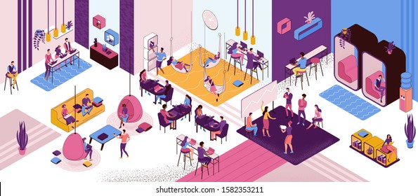 Co working space interior, creative and office people work in open workspace, freelancer with laptop, modern environment, loft style place, painting workshop, musicians, horizontal vector illustration