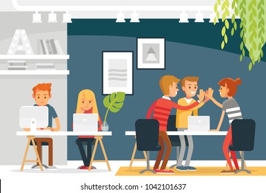 Co working space interior with people freelancers working. Loft interior. Start up business. Young people working together.Team building, coworkers, teamwork,start up concept.giving high five clapping