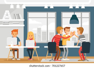 Co working space interior with people freelancers working. Loft interior. Start up business. Young people working together.Team building, coworkers, teamwork,start up concept.giving high five clapping