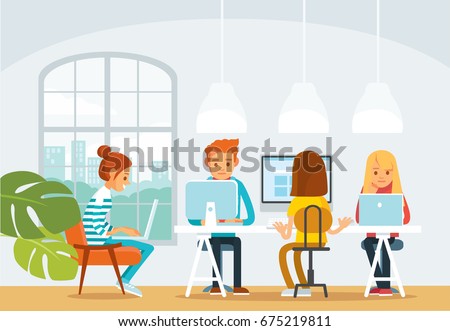 Co working space office interior with creative working people in public place workplace loft. Start up business. Young freelancers people working together. Joint education.