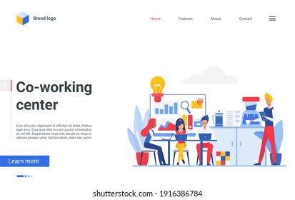 Co working space, people work in office workplace vector illustration. Cartoon employee characters meeting, working with laptops in coworking center workspace, business communication flat landing page