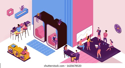 Co working space with private phone booth, conversation room, individual workspace, freelancer working on laptop, modern office people, graphic vector illustration