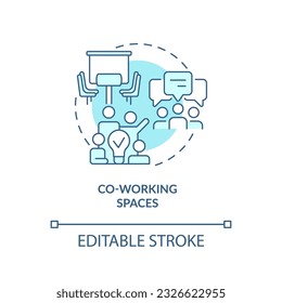 Co working space turquoise concept icon. Startup culture. Professional community. Meeting people. Shared office abstract idea thin line illustration. Isolated outline drawing. Editable stroke
