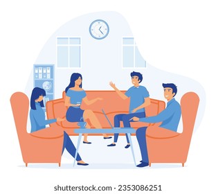  Co working, teamwork concept, Team of people sitting at desk with laptops, Meeting of colleagues. flat vector modern illustration
