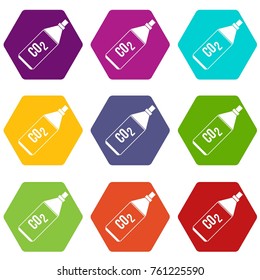 CO2 bottle icon set many color hexahedron isolated on white vector illustration