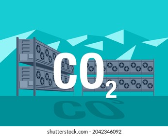 CO2 capture and storage - using fan and filter that separating atmosphere air into fresh air and pure CO2 mixed with water. Vector illustration