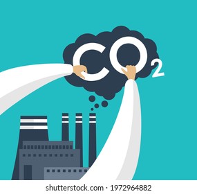 CO2 Capture Technology research - Future of net Carbon footprint neutralize development strategy. Vector illustration with metaphor - hands catching harmful cloud