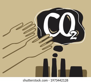 CO2 Capture Technology research - net Carbon footprint neutralize development strategy. Drawn vector illustration with metaphor - hands catching harmful cloud