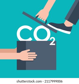 CO2 Capture Technology research - net zer footprint neutralize development strategy. Vector illustration with metaphor - persons catching carbon dioxide in cooking pot