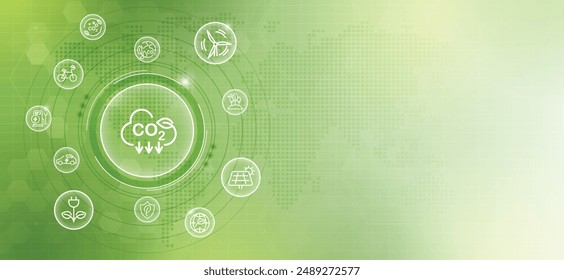 CO2 or carbon concept with icons on green background. co2 emission using clean energy and limit global warming. renewable energy, planting tree. vector design.