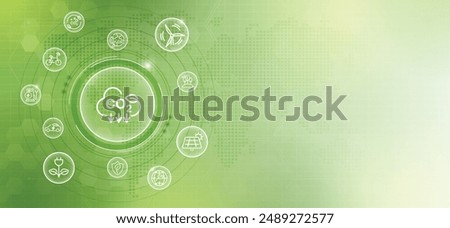 Image, Stock Photo Environmental protection and energy security (Summer green lake landscape with two power pylons in the background against blue sky)