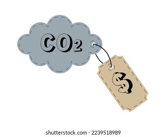 Ilustración vectorial plana del concepto de crédito al carbono de CO2. Coste de la reducción de emisiones de CO2, nube de gases de efecto invernadero con etiqueta de precio de impuesto fija aislada en blanco. Sin huella de carbono, detengan el efecto invernadero.