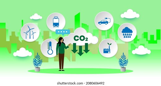 CO2 emisiones de dióxido de carbono concepto de esquema global de contaminación atmosférica con iconos. Ilustración de personas con vectores de caricatura