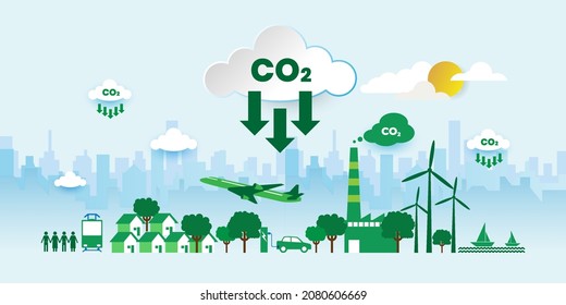 CO2 carbon dioxide emissions global air climate pollution outline concept With icons. Cartoon Vector People Illustration