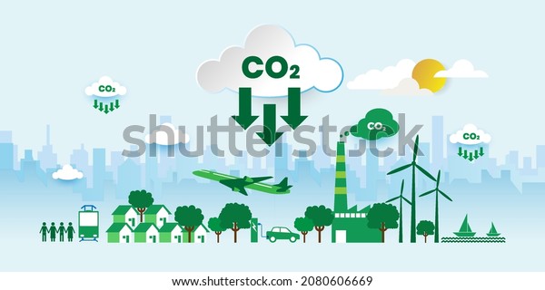 CO2 carbon dioxide emissions global air\
climate pollution outline concept With icons. Cartoon Vector People\
Illustration