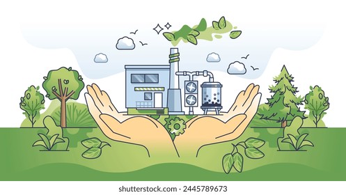 Emisiones de CO2 de dióxido de carbono con las manos capturando el concepto de esquema de gas fósil. Contaminación climática por gases de escape y Ilustración vectorial de smog industrial. Uso de energía renovable y verde para la fabricación.