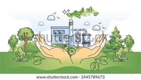 CO2 carbon dioxide emissions with hands capturing fossil gas outline concept. Climate pollution from exhaust and factory smog vector illustration. Renewable and green power usage for manufacturing.