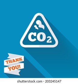 CO2 carbon dioxide formula sign icon. Chemistry symbol. White flat icon with long shadow. Paper ribbon label with Thank you text. Vector
