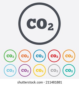 CO2 carbon dioxide formula sign icon. Chemistry symbol. Round circle buttons with frame. Vector