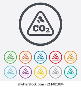 CO2 carbon dioxide formula sign icon. Chemistry symbol. Round circle buttons with frame. Vector