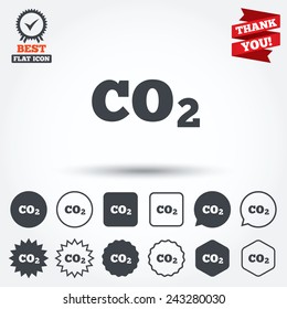 CO2 carbon dioxide formula sign icon. Chemistry symbol. Circle, star, speech bubble and square buttons. Award medal with check mark. Thank you ribbon. Vector