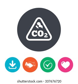 CO2 carbon dioxide formula sign icon. Chemistry symbol. Download arrow, handshake, tick and heart. Flat circle buttons.