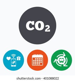 CO2 carbon dioxide formula sign icon. Chemistry symbol. Mobile payments, calendar and wifi icons. Bus shuttle.