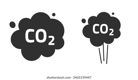 Conjunto gráfico del Vector del icono de la nube de la emisión de CO2, escape del gas del dióxido de carbono simple blanco pictograma ilustración Imagen arte del Clip, química combustión humo caricatura plana