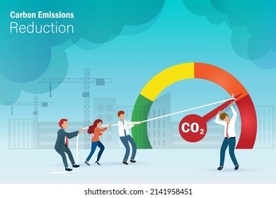 Co2 carbon emission reduction concept. Businessman team pull rope to low Co2 carbon emissions scale with toxic air quality, constuction site background. 