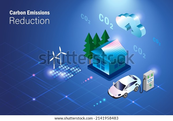 CO2 carbon emissions
concept. Green alternative consumption energy with solar panel,
wind turbine and EV car to reduce carbon emissions and sustainable
positive environment. 