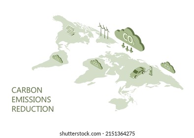 CO2 Carbon Emissions Reduction Concept. Green Energy, Ecology Environmental With Solar Panel, Wind Turbines,  EV Car  Vector Illustration