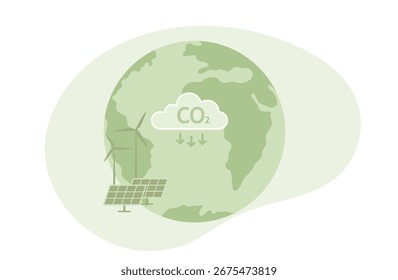 CO2 carbon emissions reduction concept. Green energy, ecology environmental with solar panel, wind turbines,  EV car  vector illustration