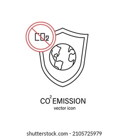 Co2, carbon emissions reduction or danger warning sign. Global warming vector line icon for article, website or social media awareness material.