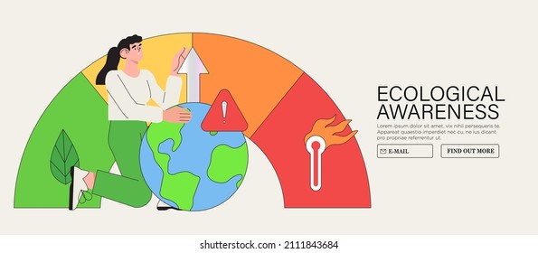 Co2, carbon emissions reduction or danger warning sign. Activist people stop global warming and climate change vector illustration for banner, article, website or social media. Ecological awareness. 