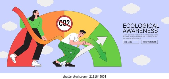 Co2, carbon emissions reduction or danger warning sign. Activist people stop global warming and climate change vector illustration for banner, article, website or social media. Ecological awareness. 