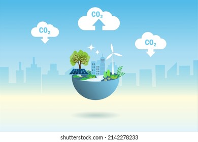 CO2 carbon emissions reduction, earth day concept. Green alternative consumption energy world with solar panel, wind turbine to reduce carbon emissions and sustainable positive environment. 