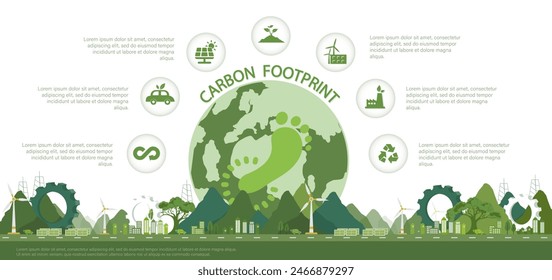 CO2-Fußabdruck-Konzept. Reduzieren Sie den CO2-Fußabdruck, reduzieren Sie Emissionen und Umweltverschmutzung produzieren, globale Erwärmung und Umweltsanierung Paket. Vektorillustration.