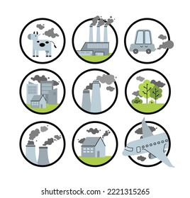 CO2 carbon gas emission sources flat vector icon set isolated on white. Different greenhouse gas scopes produced by transportation, manufacturing, agriculture and human living. Stop global warming.