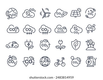 Co2, carbon line icons. contains such icons as tree planting, net zero, and reduced carbon dioxide. sustainable development. concepts and renewable energy businesses. vector design.